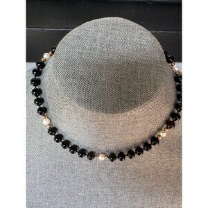 Vintage Black Onyx And Cultured Pearl Necklace With Gold Accents Gold Filled